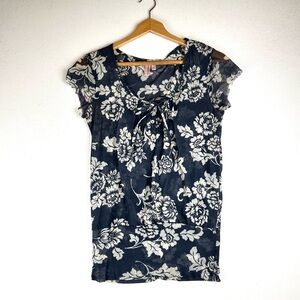 Sweet Pea Mesh Floral SS Button Tie Shirt Y2k Stretch Lightweight Feminine